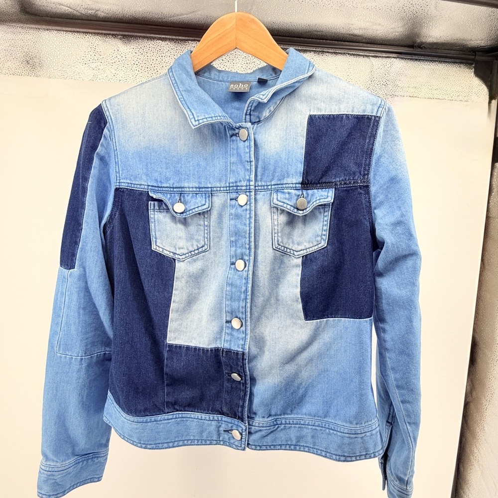 Soho Jeans New York & Company Patchwork Denim Jacket Blue Colorblock sz Lg